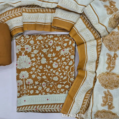 Mehandhi yellow floral printed soft cotton unstitched salwar material, thread work & sequins detaling on front(thin,lining optional) spun cotton bottom, printed soft pure cotton dupatta. MY260418