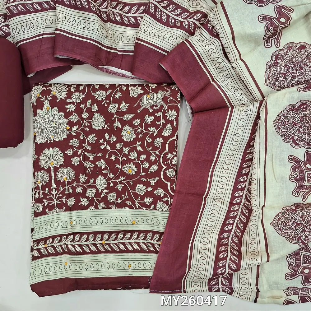 Dark maroon floral printed soft cotton unstitched salwar material, thread work & sequins detaling on front(thin,lining optional) spun cotton bottom, printed soft pure cotton dupatta. MY260417