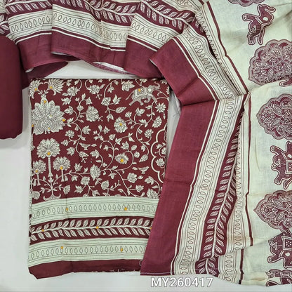 Dark maroon floral printed soft cotton unstitched salwar material, thread work & sequins detaling on front(thin,lining optional) spun cotton bottom, printed soft pure cotton dupatta. MY260417
