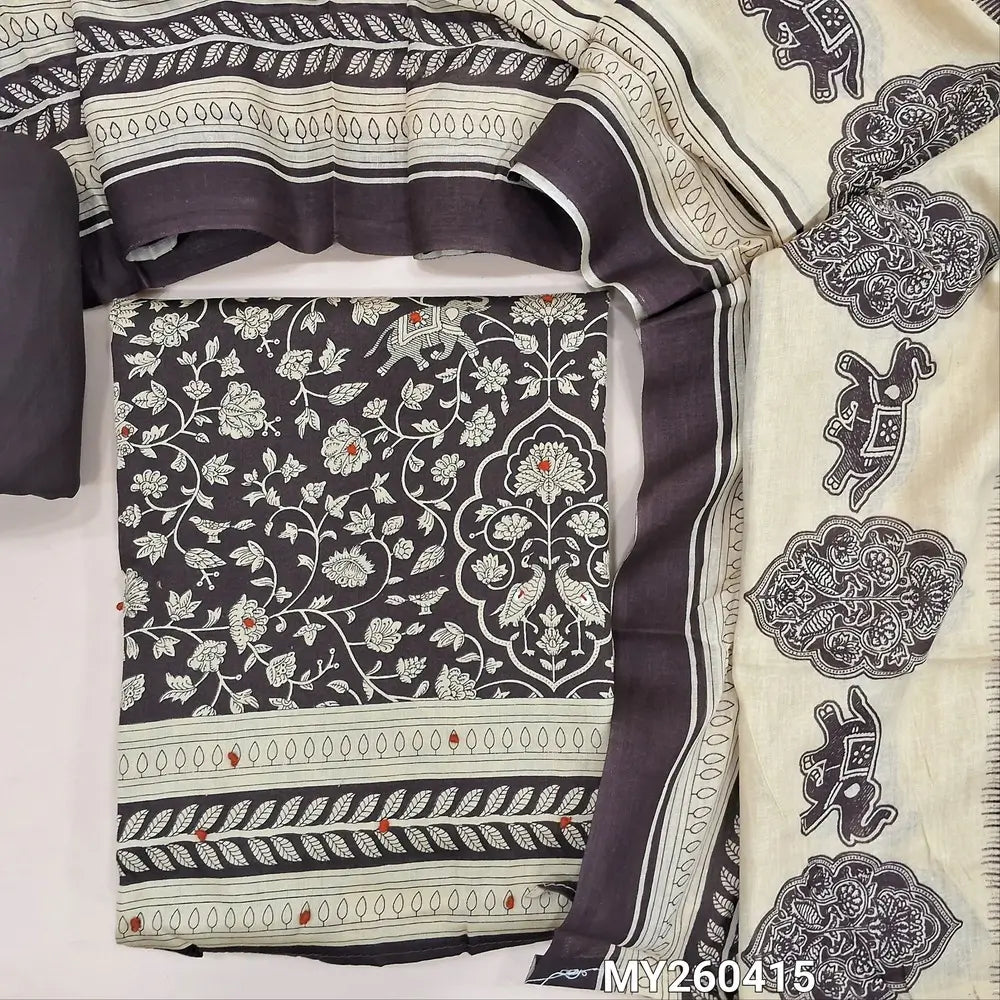 Dark coffee brown floral printed soft cotton unstitched salwar material, thread work & sequins detaling on front(thin,lining optional) spun cotton bottom, printed soft pure cotton dupatta. MY260415
