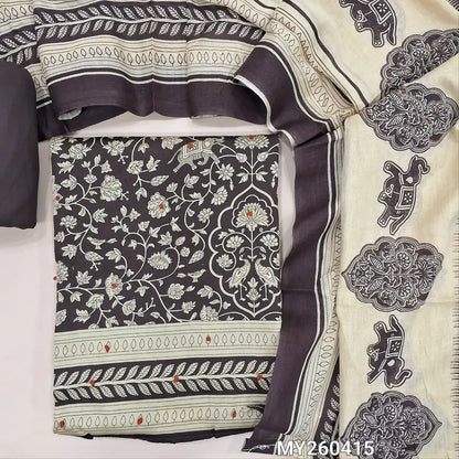 Dark coffee brown floral printed soft cotton unstitched salwar material, thread work & sequins detaling on front(thin,lining optional) spun cotton bottom, printed soft pure cotton dupatta. MY260415