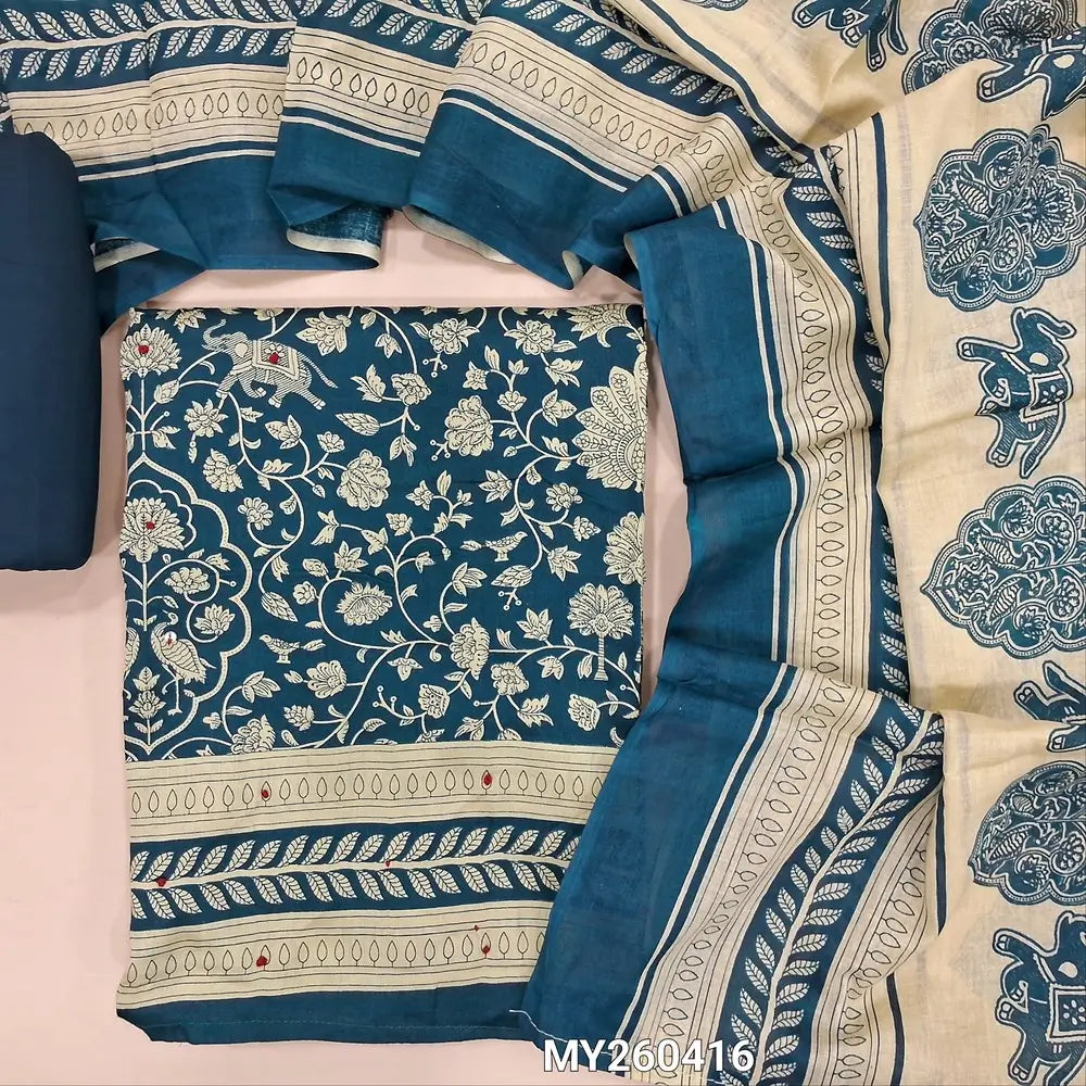 Dark teal blue floral printed soft cotton unstitched salwar material, thread work & sequins detaling on front(thin,lining optional) spun cotton bottom, printed soft pure cotton dupatta. MY260416