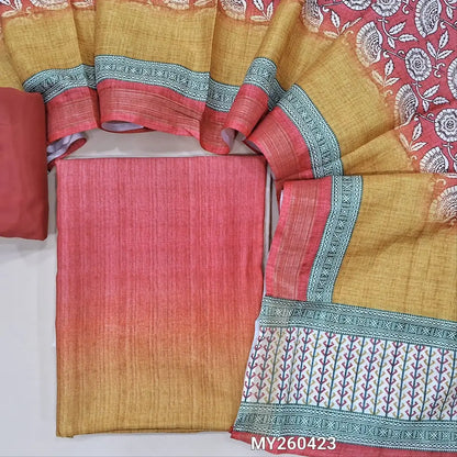 Multicolor fancy silk unstitched salwar material( lining needed)peachish pink silky bottom,floral printed fancy silk dupatta. MY260423