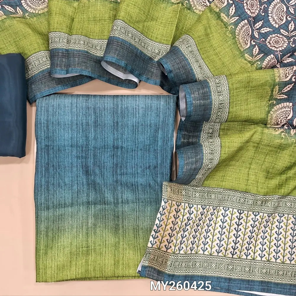 Multicolor fancy silk unstitched salwar material( lining needed)blue silky bottom,floral printed fancy silk dupatta. MY260425