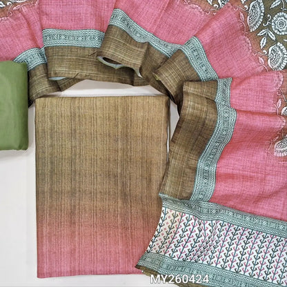 Multicolor fancy silk unstitched salwar material( lining needed)olive green silky bottom,floral printed fancy silk dupatta. MY260424
