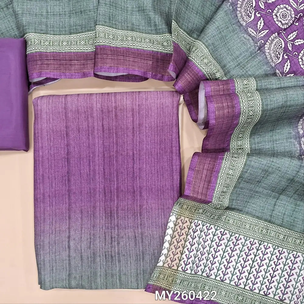Multicolor fancy silk unstitched salwar material( lining needed)purple silky bottom,floral printed fancy silk dupatta. MY260422