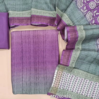 Multicolor fancy silk unstitched salwar material( lining needed)purple silky bottom,floral printed fancy silk dupatta. MY260422