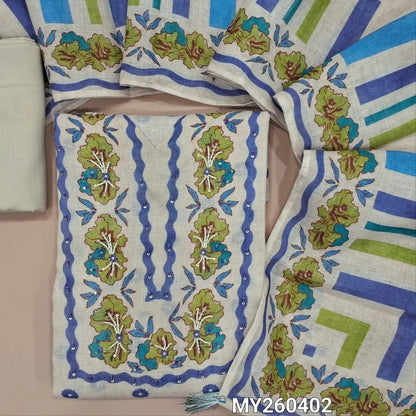Designer off white base floral printed pure linen unstitched salwar material,(BLUE)v neck,floral printed with sugar bead and sequins(thin fabric, lining needed)cotton fabric for lining, NO BOTTOM,digital printed pure linen dupatta. MY260402