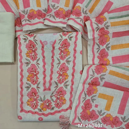Designer off white base floral printed pure linen unstitched salwar material,(PINK)v neck,floral printed with sugar bead and sequins(thin fabric, lining needed)cotton fabric for lining, NO BOTTOM,digital printed pure linen dupatta. MY260401