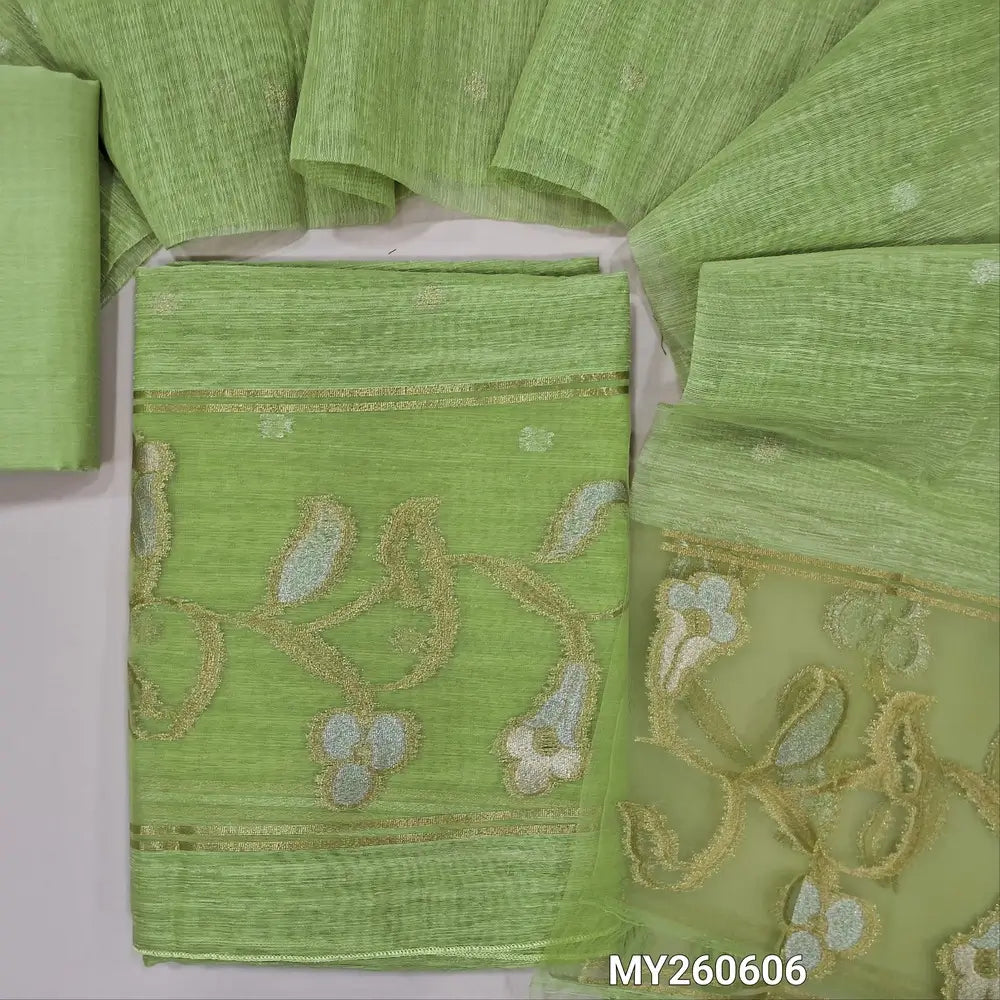 Designer pastel green jamdani woven premium tussar unstitched salwar material, (thin,lining needed)gold and silver zari weaving on organza daman, silk cotton bottom, jamdani woven on tussar silk dupatta with tassels and organza pallu. MY260606