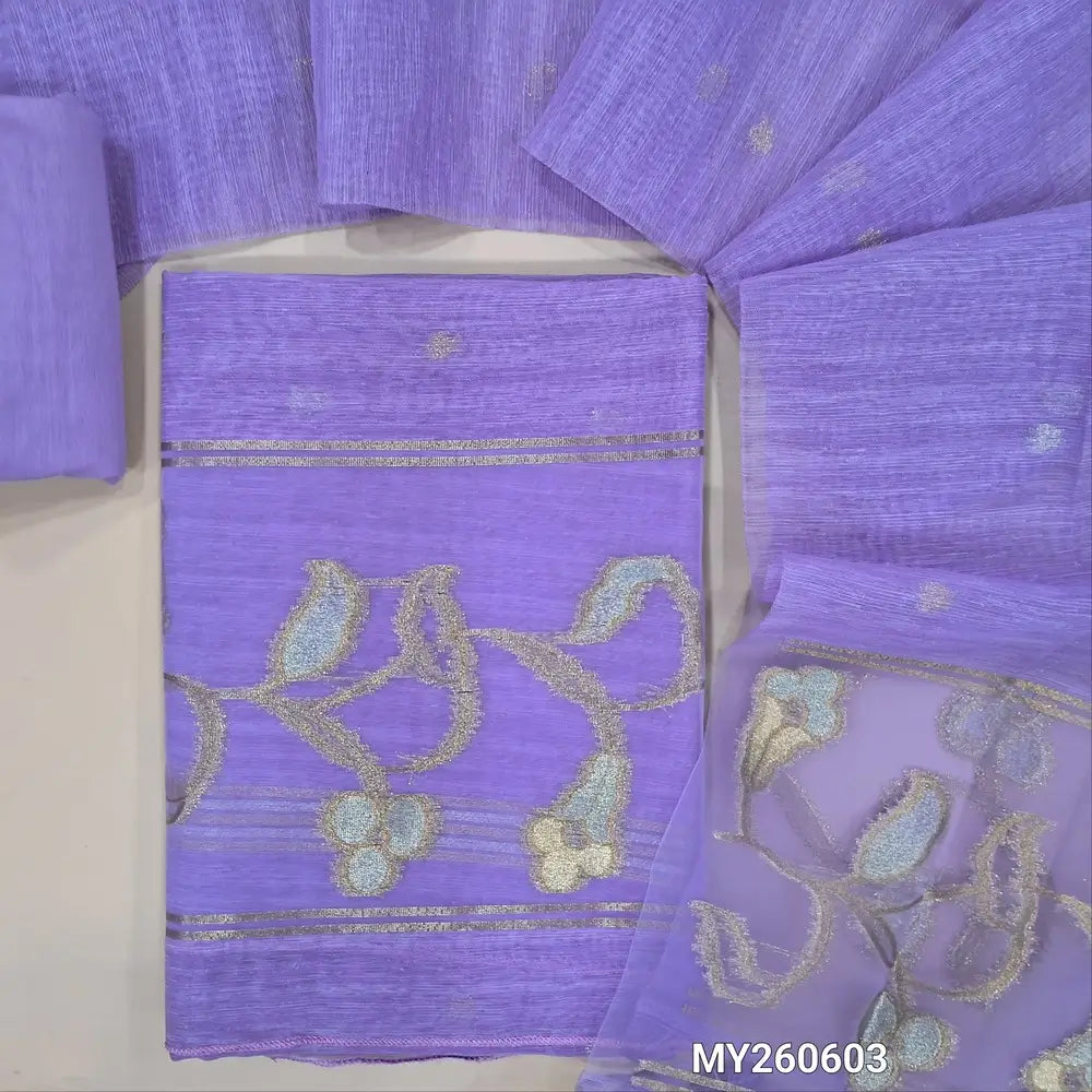 Designer lavender shade jamdani woven premium tussar unstitched salwar material, (thin,lining needed)gold and silver zari weaving on organza daman, silk cotton bottom, jamdani woven on tussar silk dupatta with tassels and organza pallu. MY260603