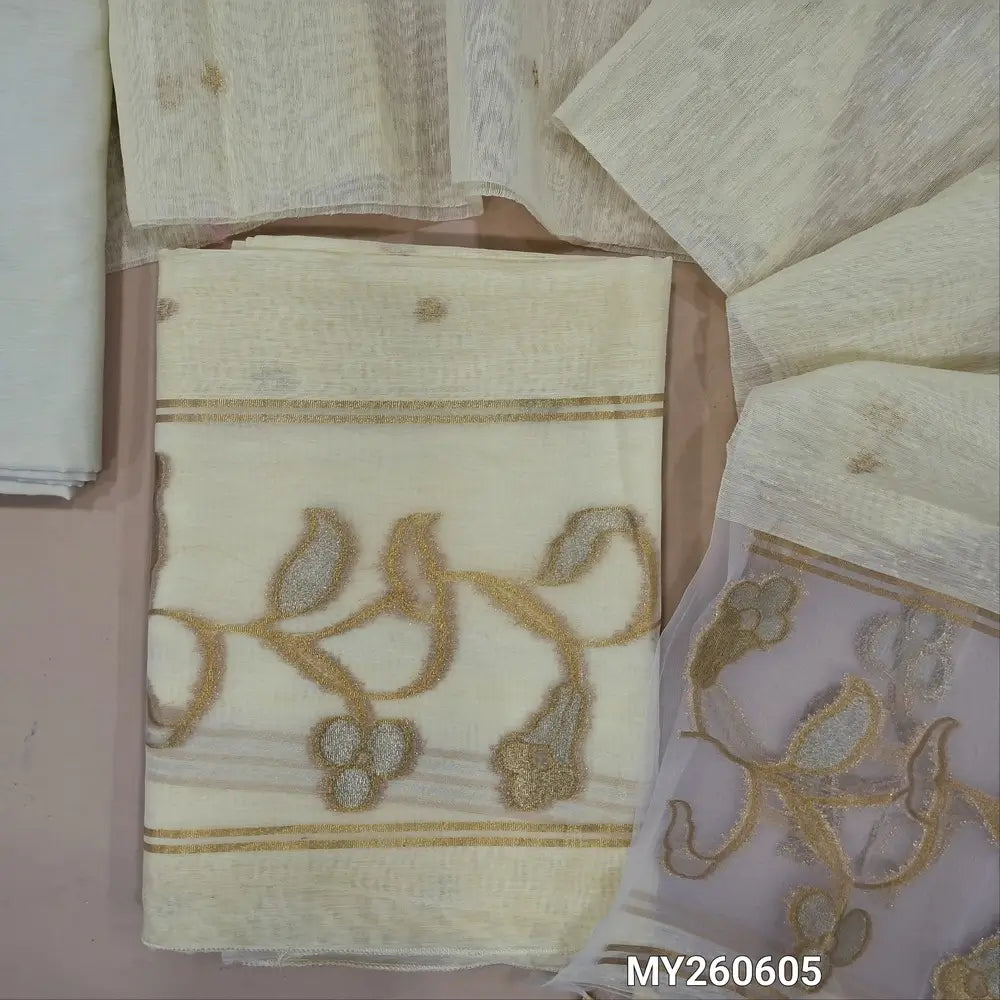 Designer half white jamdani woven premium tussar unstitched salwar material, (thin,lining needed)gold and silver zari weaving on organza daman, silk cotton bottom, jamdani woven on tussar silk dupatta with tassels and organza pallu. MY260605