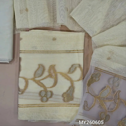 Designer half white jamdani woven premium tussar unstitched salwar material, (thin,lining needed)gold and silver zari weaving on organza daman, silk cotton bottom, jamdani woven on tussar silk dupatta with tassels and organza pallu. MY260605
