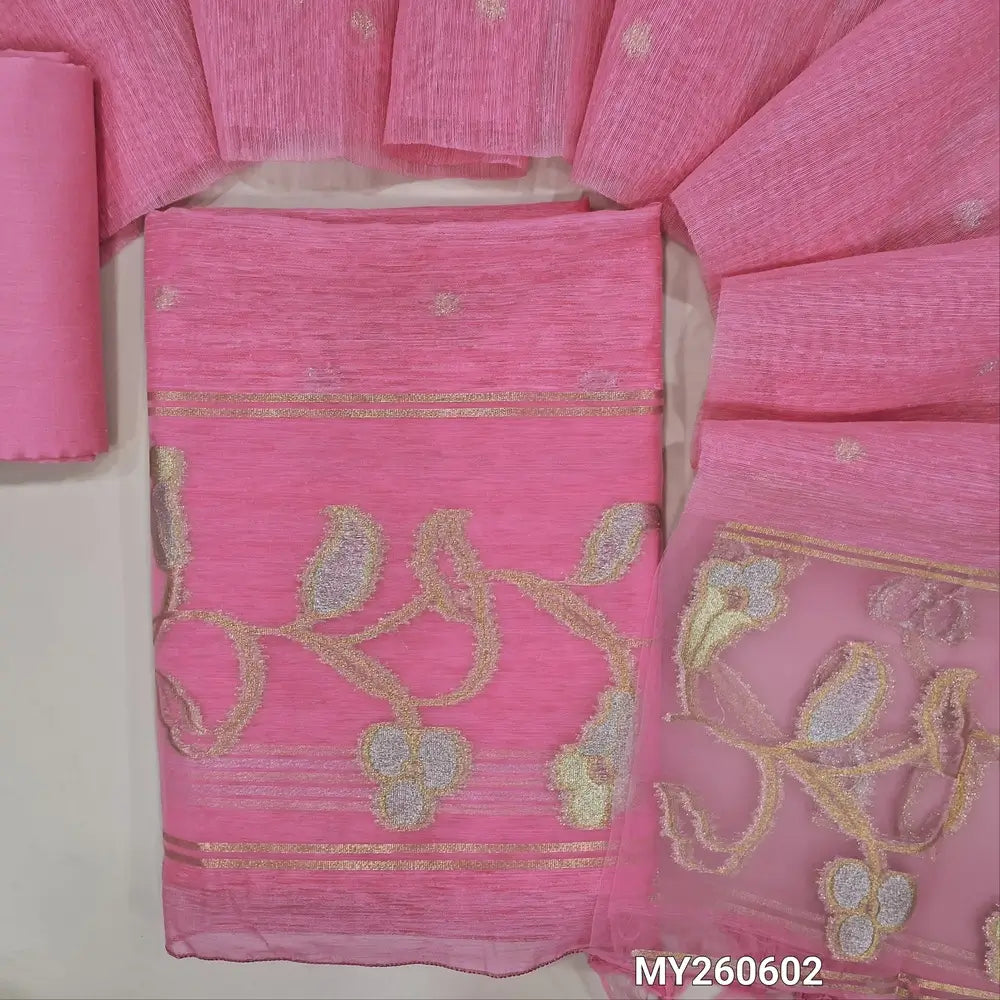 Designer pastel pink shade jamdani woven premium tussar unstitched salwar material, (thin,lining needed)gold and silver zari weaving on organza daman, silk cotton bottom, jamdani woven on tussar silk dupatta with tassels and organza pallu. MY260602