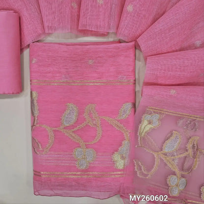 Designer pastel pink shade jamdani woven premium tussar unstitched salwar material, (thin,lining needed)gold and silver zari weaving on organza daman, silk cotton bottom, jamdani woven on tussar silk dupatta with tassels and organza pallu. MY260602