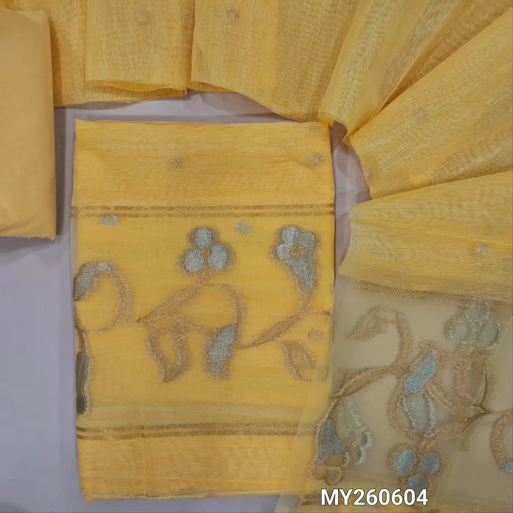 Designer pastel yellow jamdani woven premium tussar unstitched salwar material, (thin,lining needed)gold and silver zari weaving on organza daman, silk cotton bottom, jamdani woven on tussar silk dupatta with tassels and organza pallu. MY260604