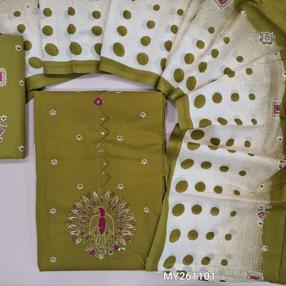 Mossy green pure cotton unstitched salwar material,floral printed all over,embroidery with zarodsi and thread detailing (lining needed)printed cotton bottom,printed full length mul cotton dupatta. MY261101
