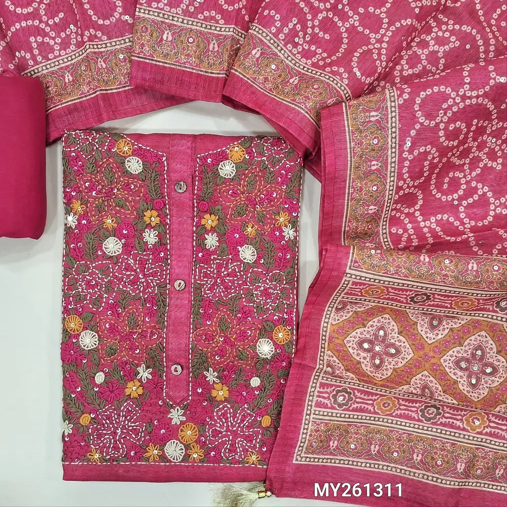 Designer dark pink jute silk unstitched salwar material, hand embroidery and sequins work on yoke(thin,textured,lining needed)santoon bottom,sequins work and bandhini printed on jute silk dupatta with pallu. MY261311