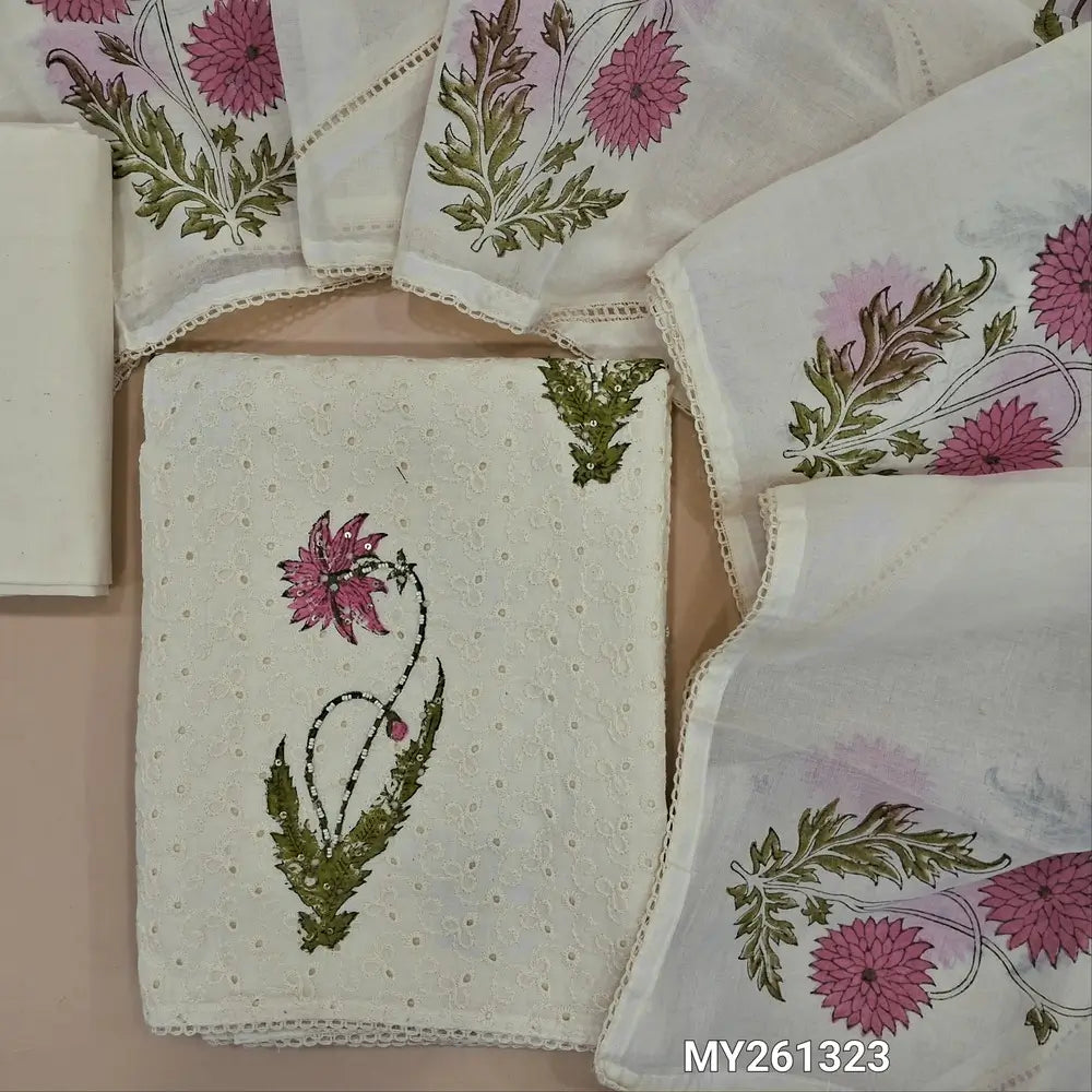 Off white schiffli embroidered  pure cotton unstitched salwar material(lining needed)hand block printed, sugar bead and sequins work on front, matching cotton bottom, block printed on crochet work with mul cotton dupatta. MY261323