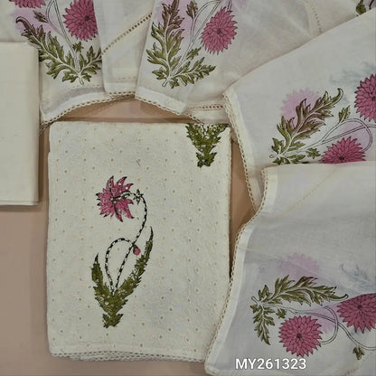 Off white schiffli embroidered  pure cotton unstitched salwar material(lining needed)hand block printed, sugar bead and sequins work on front, matching cotton bottom, block printed on crochet work with mul cotton dupatta. MY261323