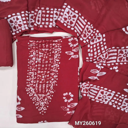 Reddish maroon wax batik pure crepe georgette unstitched salwar material,thread embroidery on yoke, (lining needed) batik dyed santoon bottom,wax batik design on full length crepe Georgette dupatta (TAPPING NEEDED). MY260619