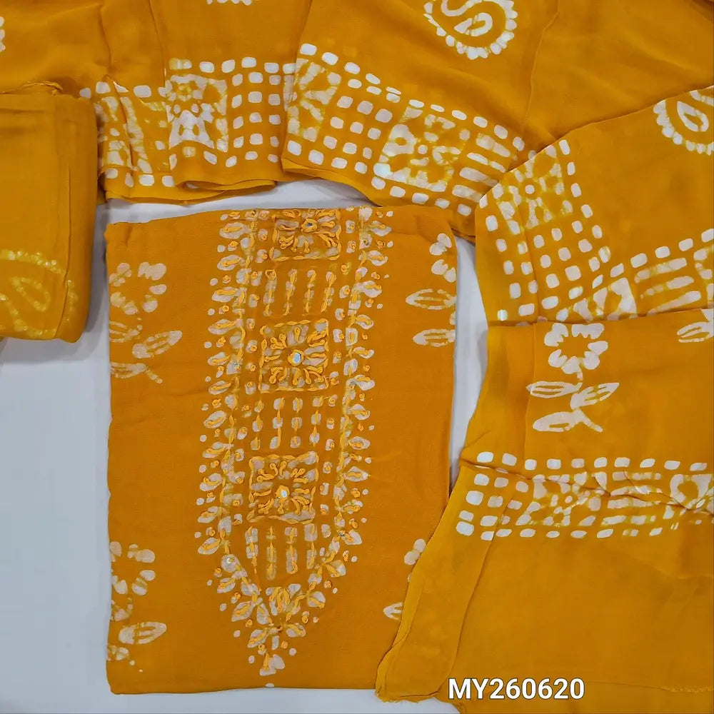 Mehandhi yellow wax batik pure crepe georgette unstitched salwar material,thread embroidery on yoke, (lining needed) batik dyed santoon bottom,wax batik design on full length crepe Georgette dupatta (TAPPING NEEDED). MY260620