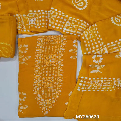 Mehandhi yellow wax batik pure crepe georgette unstitched salwar material,thread embroidery on yoke, (lining needed) batik dyed santoon bottom,wax batik design on full length crepe Georgette dupatta (TAPPING NEEDED). MY260620