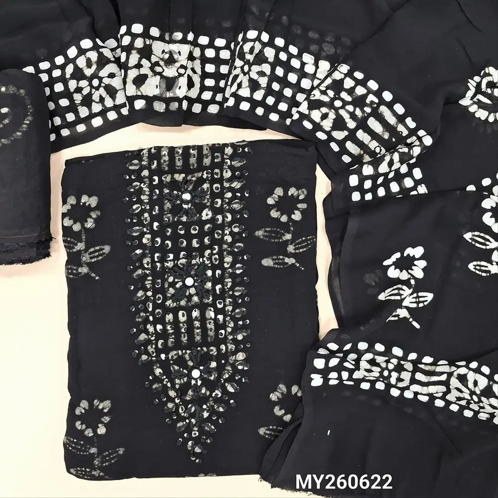 Black wax batik pure crepe georgette unstitched salwar material,thread embroidery on yoke, (lining needed) batik dyed santoon bottom,wax batik design on full length crepe Georgette dupatta (TAPPING NEEDED). MY260622