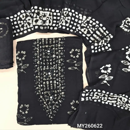 Black wax batik pure crepe georgette unstitched salwar material,thread embroidery on yoke, (lining needed) batik dyed santoon bottom,wax batik design on full length crepe Georgette dupatta (TAPPING NEEDED). MY260622