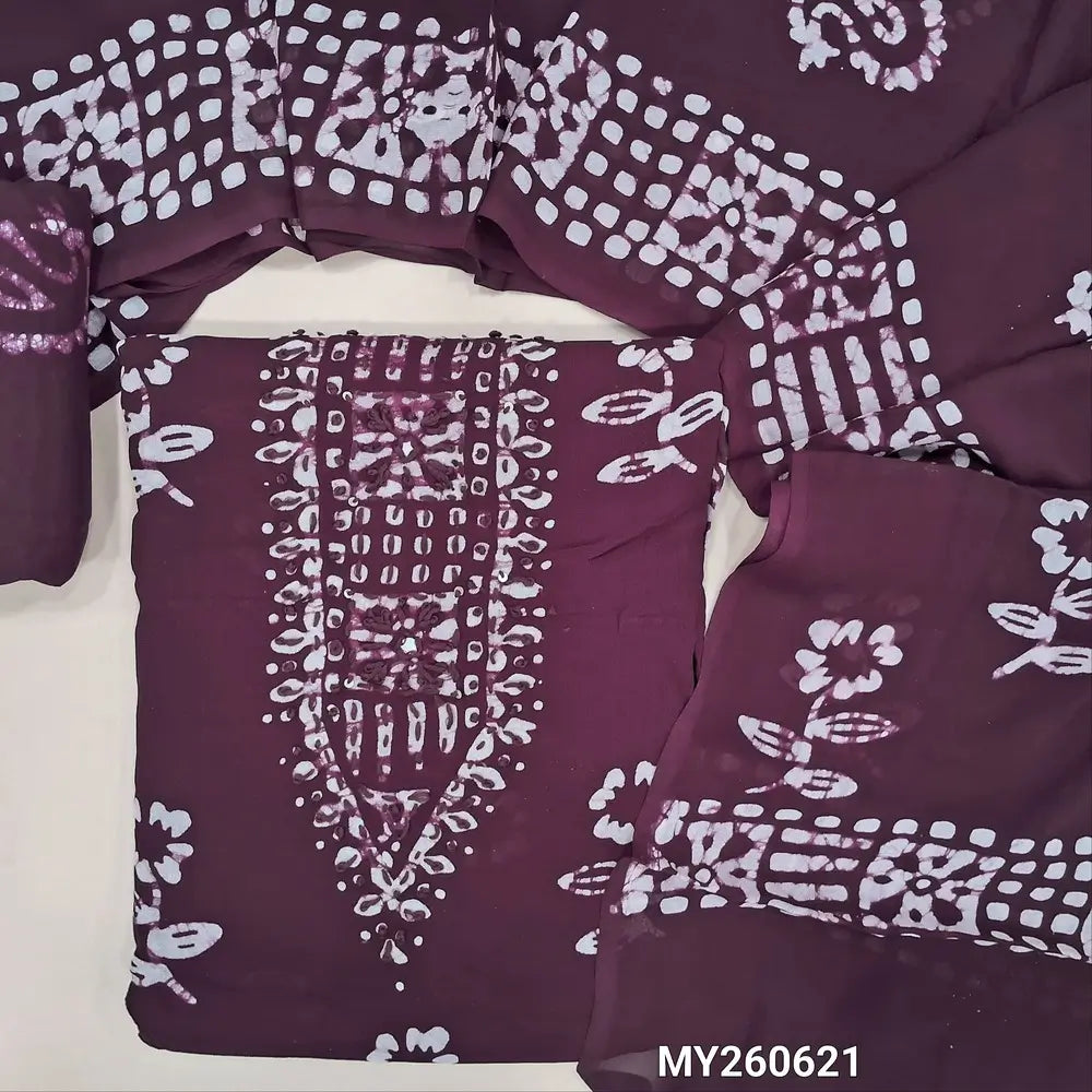 Deep wine purple wax batik pure crepe georgette unstitched salwar material,thread embroidery on yoke, (lining needed) batik dyed santoon bottom,wax batik design on full length crepe Georgette dupatta (TAPPING NEEDED). MY260621