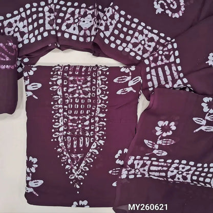 Deep wine purple wax batik pure crepe georgette unstitched salwar material,thread embroidery on yoke, (lining needed) batik dyed santoon bottom,wax batik design on full length crepe Georgette dupatta (TAPPING NEEDED). MY260621