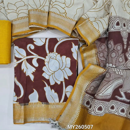 Dark maroon premium chanderi silk unstitched salwar material, original pen kalamkari all over,(lining needed)yellow handloom cotton bottom,pen kalamkari chanderi silk dupatta with nizam borders (INCONSISTENT STAINS ARE NOT DEFECTS). MY260507