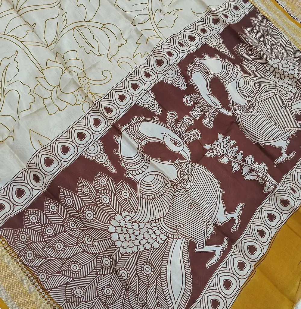 Dark maroon premium chanderi silk unstitched salwar material, original pen kalamkari all over,(lining needed)yellow handloom cotton bottom,pen kalamkari chanderi silk dupatta with nizam borders (INCONSISTENT STAINS ARE NOT DEFECTS). MY260507
