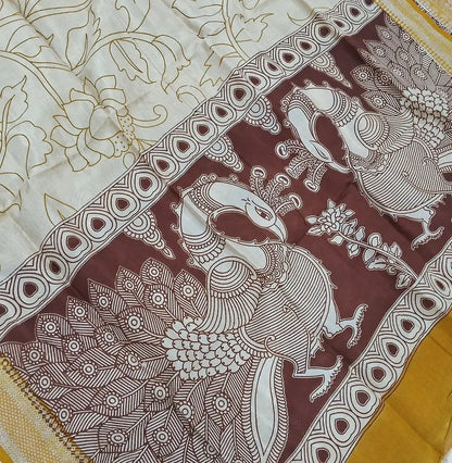 Dark maroon premium chanderi silk unstitched salwar material, original pen kalamkari all over,(lining needed)yellow handloom cotton bottom,pen kalamkari chanderi silk dupatta with nizam borders (INCONSISTENT STAINS ARE NOT DEFECTS). MY260507