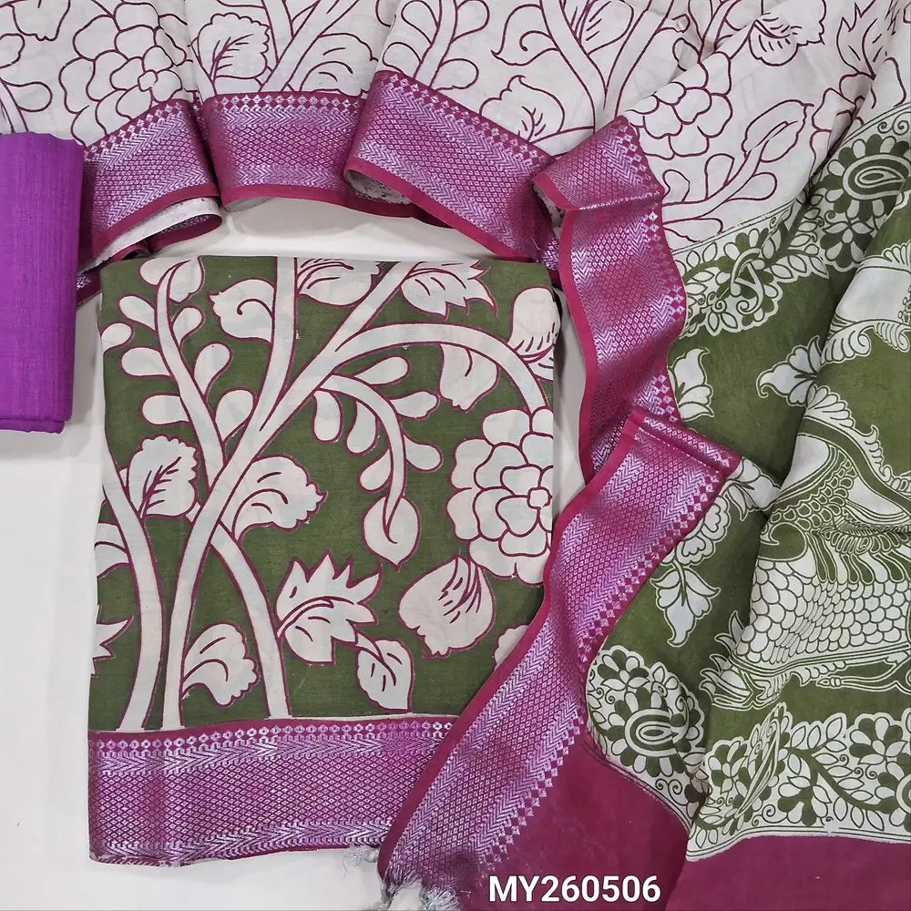 Mehandhi green premium chanderi silk unstitched salwar material, original pen kalamkari all over,(lining needed)purplish pink handloom cotton bottom,pen kalamkari chanderi silk dupatta with nizam borders (INCONSISTENT STAINS ARE NOT DEFECTS). MY260506