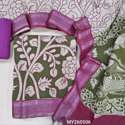 Mehandhi green premium chanderi silk unstitched salwar material, original pen kalamkari all over,(lining needed)purplish pink handloom cotton bottom,pen kalamkari chanderi silk dupatta with nizam borders (INCONSISTENT STAINS ARE NOT DEFECTS). MY260506