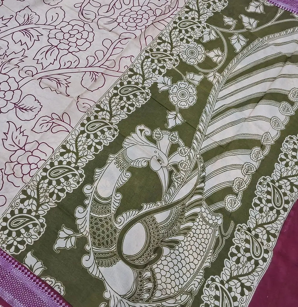 Mehandhi green premium chanderi silk unstitched salwar material, original pen kalamkari all over,(lining needed)purplish pink handloom cotton bottom,pen kalamkari chanderi silk dupatta with nizam borders (INCONSISTENT STAINS ARE NOT DEFECTS). MY260506