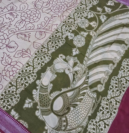 Mehandhi green premium chanderi silk unstitched salwar material, original pen kalamkari all over,(lining needed)purplish pink handloom cotton bottom,pen kalamkari chanderi silk dupatta with nizam borders (INCONSISTENT STAINS ARE NOT DEFECTS). MY260506