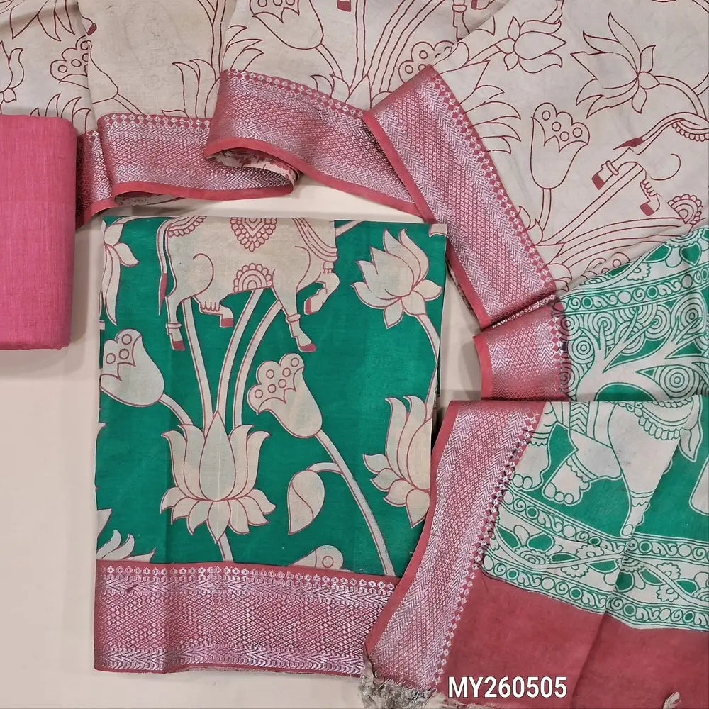 Teal green premium chanderi silk unstitched salwar material, original pen kalamkari all over,(lining needed)pink handloom cotton bottom,pen kalamkari chanderi silk dupatta with nizam borders (INCONSISTENT STAINS ARE NOT DEFECTS). MY260505