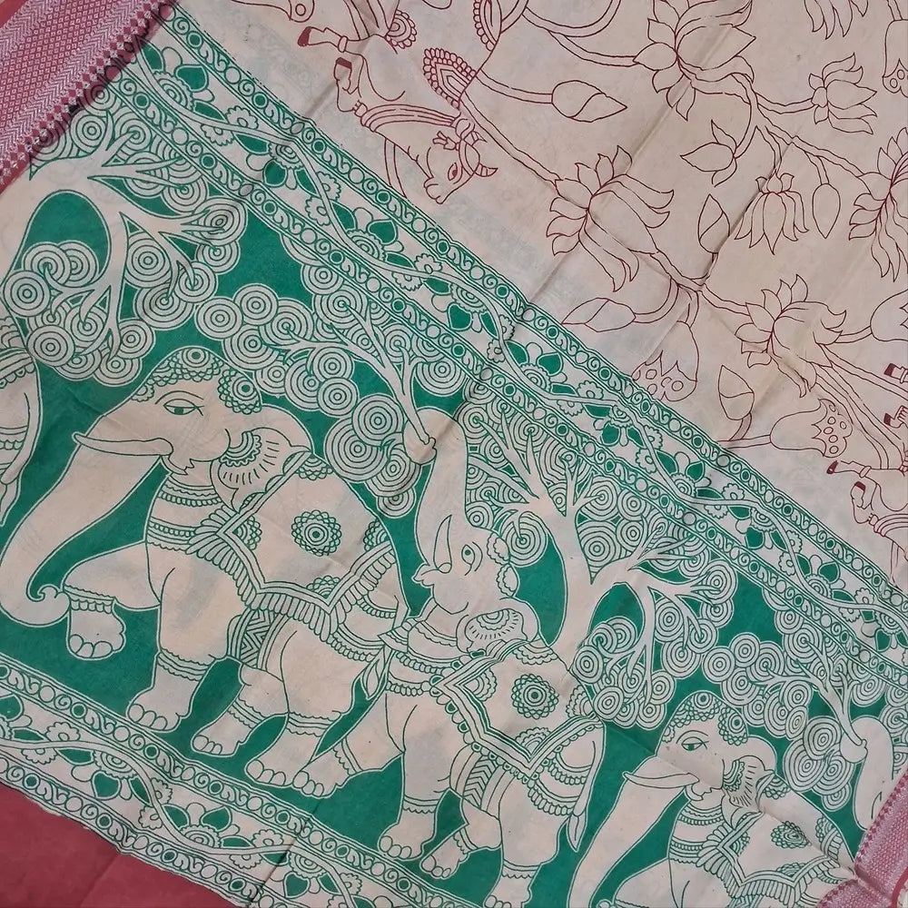 Teal green premium chanderi silk unstitched salwar material, original pen kalamkari all over,(lining needed)pink handloom cotton bottom,pen kalamkari chanderi silk dupatta with nizam borders (INCONSISTENT STAINS ARE NOT DEFECTS). MY260505