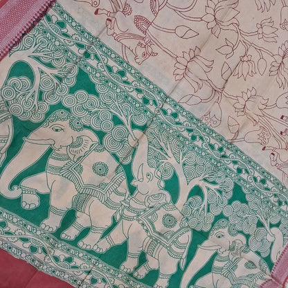 Teal green premium chanderi silk unstitched salwar material, original pen kalamkari all over,(lining needed)pink handloom cotton bottom,pen kalamkari chanderi silk dupatta with nizam borders (INCONSISTENT STAINS ARE NOT DEFECTS). MY260505
