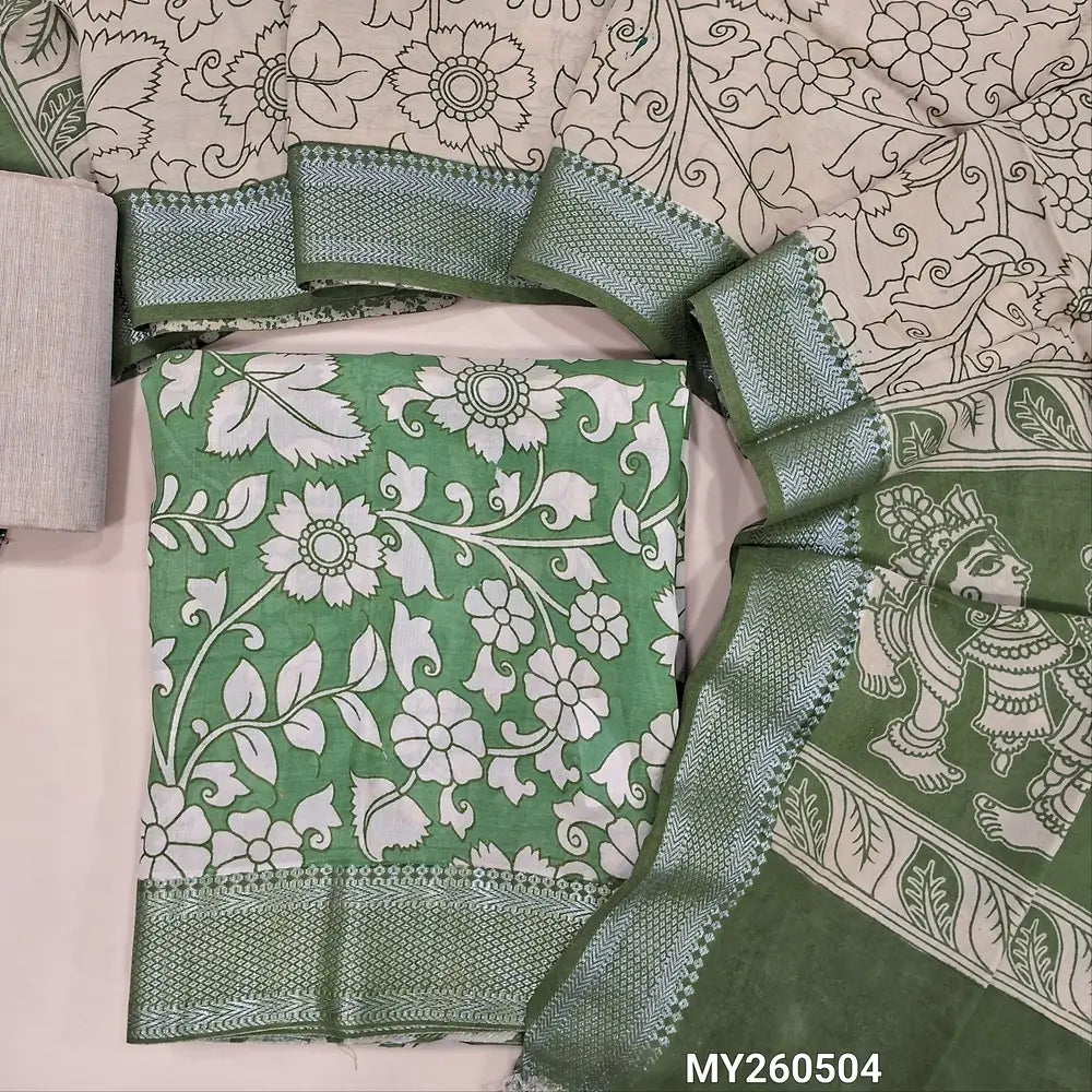 Sage green premium chanderi silk unstitched salwar material, original pen kalamkari all over,(lining needed)light beige handloom cotton bottom,pen kalamkari chanderi silk dupatta with nizam borders (INCONSISTENT STAINS ARE NOT DEFECTS). MY260504