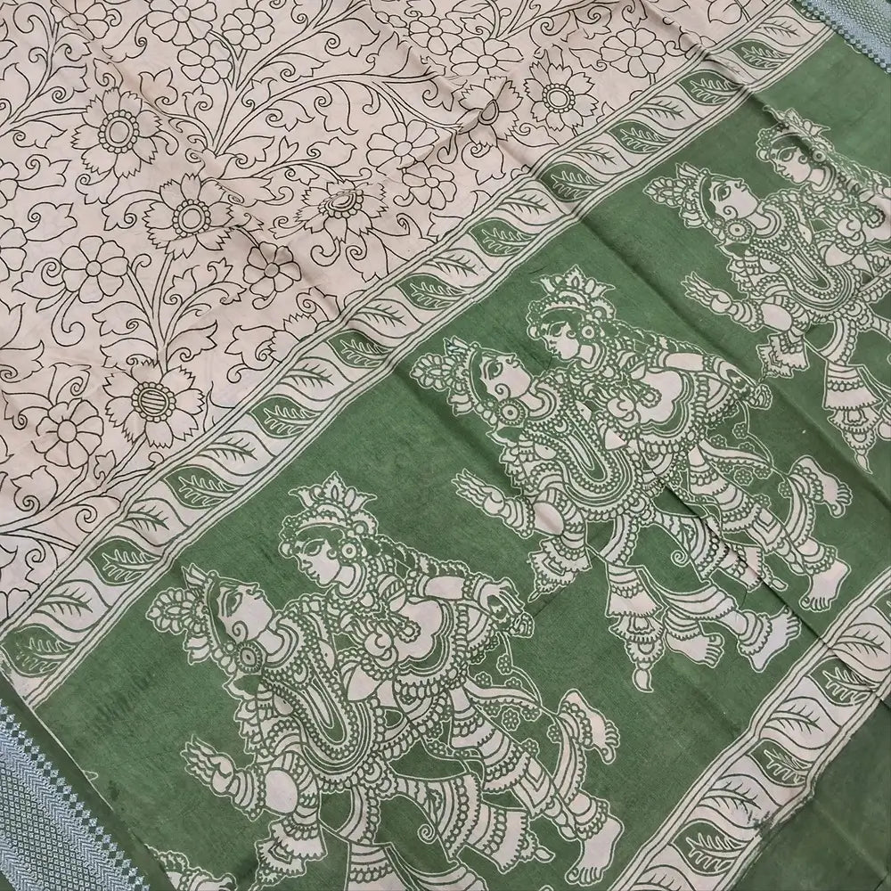 Sage green premium chanderi silk unstitched salwar material, original pen kalamkari all over,(lining needed)light beige handloom cotton bottom,pen kalamkari chanderi silk dupatta with nizam borders (INCONSISTENT STAINS ARE NOT DEFECTS). MY260504