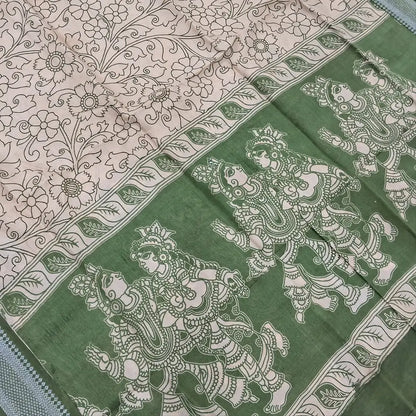 Sage green premium chanderi silk unstitched salwar material, original pen kalamkari all over,(lining needed)light beige handloom cotton bottom,pen kalamkari chanderi silk dupatta with nizam borders (INCONSISTENT STAINS ARE NOT DEFECTS). MY260504