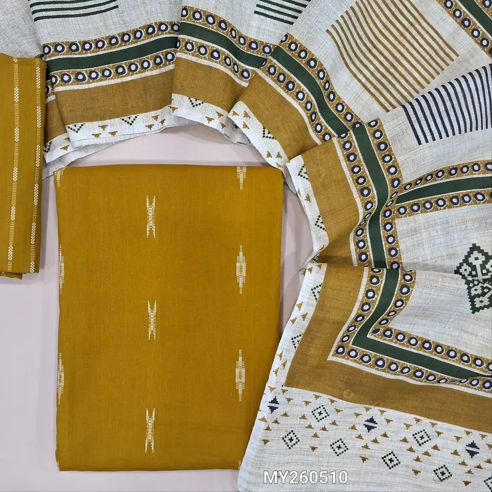 Mehandhi yellow  premium handloom cotton unstitched salwar material,thread woven all over,(lining optional)thread woven handloom cotton bottom,hand block printed jute cotton dupatta. MY260510