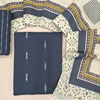 Dark blue premium handloom cotton unstitched salwar material,thread woven all over,(lining optional)thread woven handloom cotton bottom,hand block printed jute cotton dupatta. MY260511