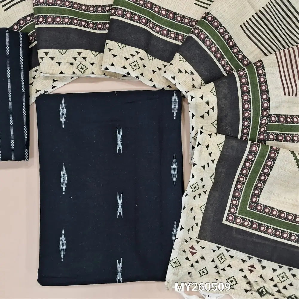 Black premium handloom cotton unstitched salwar material,thread woven all over,(lining optional)thread woven handloom cotton bottom,hand block printed jute cotton dupatta. MY260509
