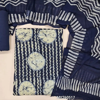 Dark blue wax batik dyed pure cotton unstitched salwar material,panel design, faux mirror work on daman,(lining needed) pure cotton bottom, batik design on pure chiffon dupatta (TAPPING NEEDED). MY260517