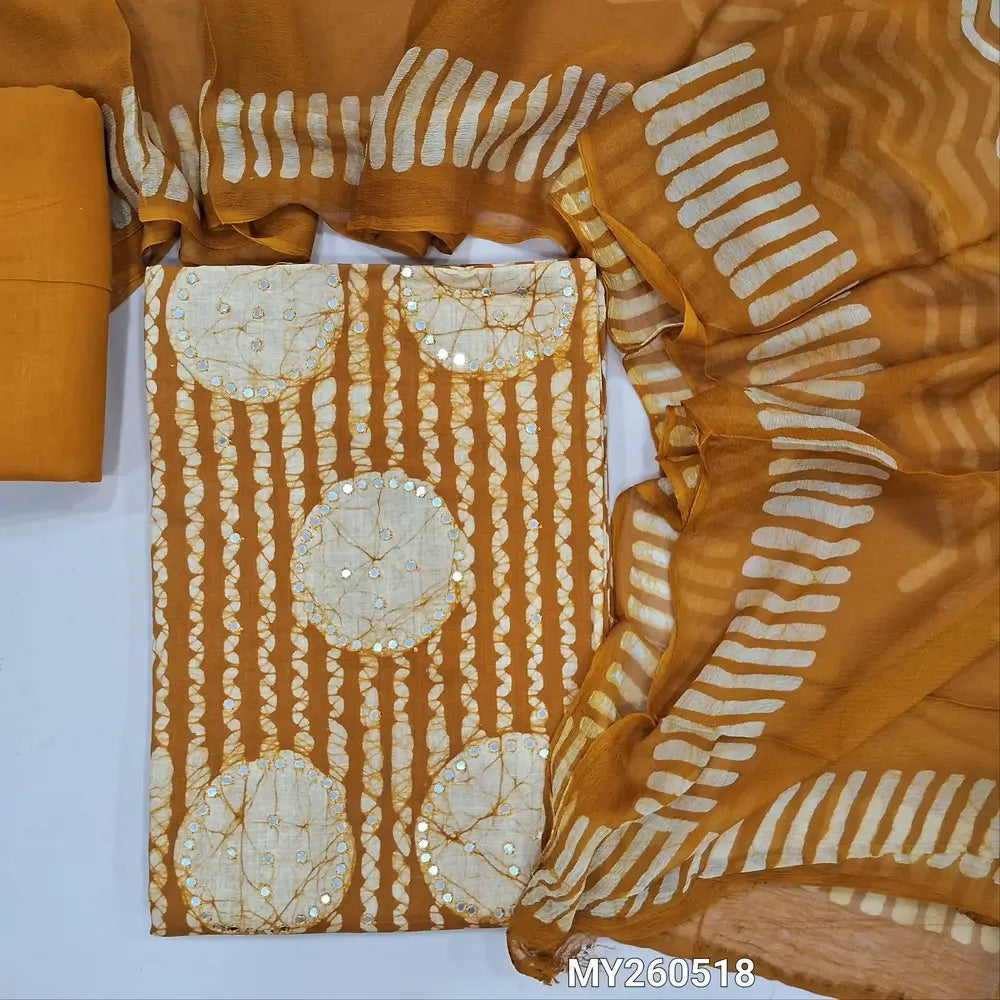 Mehandhi yellow wax batik dyed pure cotton unstitched salwar material,panel design, faux mirror work on daman,(lining needed) pure cotton bottom, batik design on pure chiffon dupatta (TAPPING NEEDED). MY260518