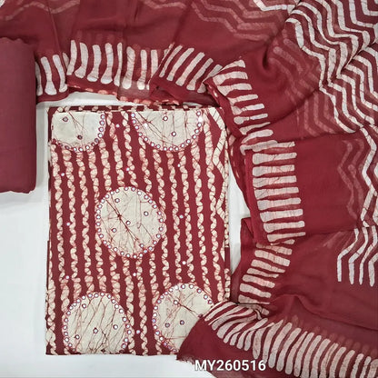 Dark maroon wax batik dyed pure cotton unstitched salwar material,panel design, faux mirror work on daman,(lining needed) pure cotton bottom, batik design on pure chiffon dupatta (TAPPING NEEDED). MY260516